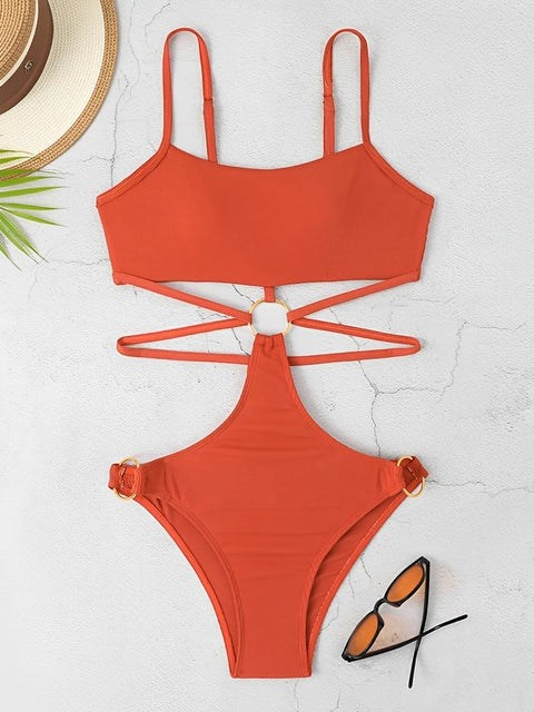 Ribbed Sexy Cut Out Ring Link One Piece Swimwear CODE: KAR2800