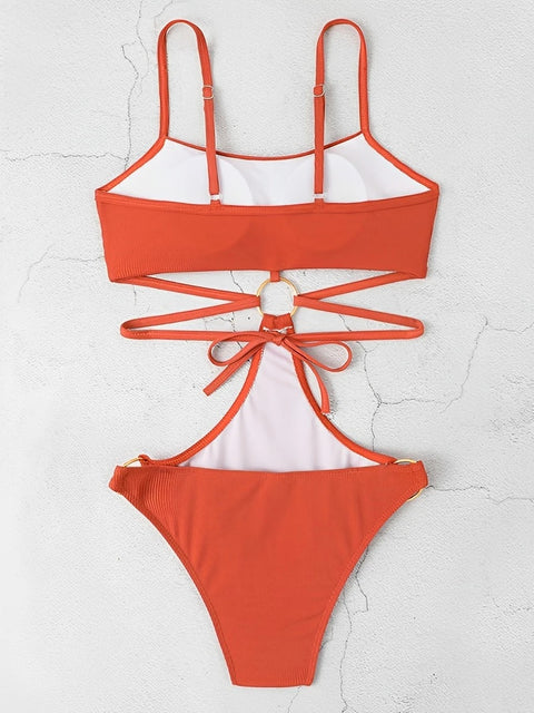 Ribbed Sexy Cut Out Ring Link One Piece Swimwear CODE: KAR2800