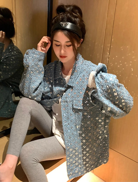 New Fashion High Loose Sequins Long Sleeve Denim Jacket CODE: KAR2803