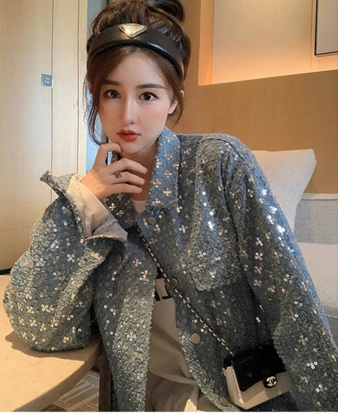 New Fashion High Loose Sequins Long Sleeve Denim Jacket CODE: KAR2803