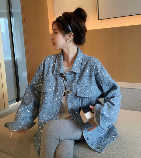 New Fashion High Loose Sequins Long Sleeve Denim Jacket CODE: KAR2803