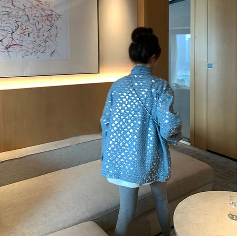 New Fashion High Loose Sequins Long Sleeve Denim Jacket CODE: KAR2803