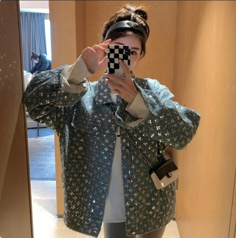 New Fashion High Loose Sequins Long Sleeve Denim Jacket CODE: KAR2803