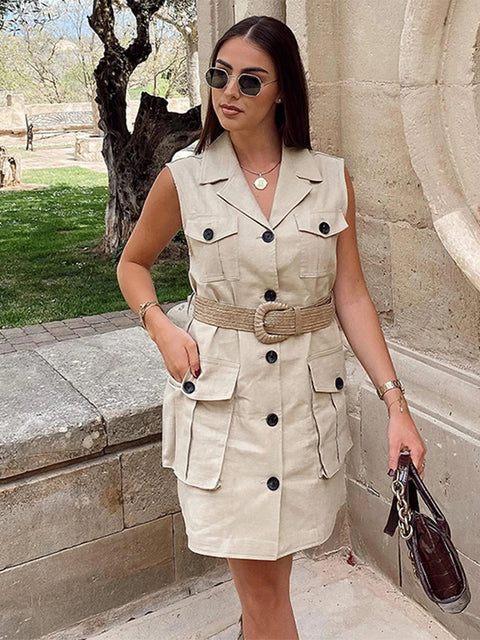 Summer Casual Fashion Belt Waist Vest Lapel Sleeveless Single-breasted Dress CODE: KAR2804