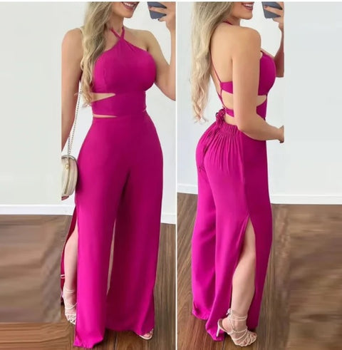 Sexy Halter Cami Crop Top High Silt Elastic Waist Jumpsuit CODE: READY1557