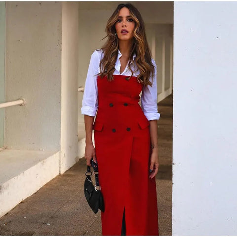 Sexy Elegant Double-breasted Split Front Off Shoulder Strap Midi Dress CODE: KAR2811