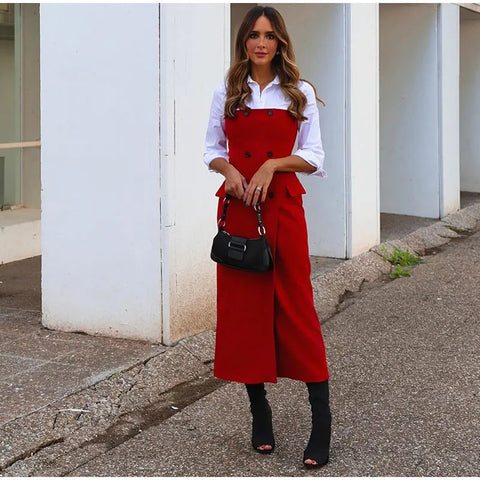 Sexy Elegant Double-breasted Split Front Off Shoulder Strap Midi Dress CODE: KAR2811