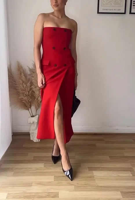 Sexy Elegant Double-breasted Split Front Off Shoulder Strap Midi Dress CODE: KAR2811