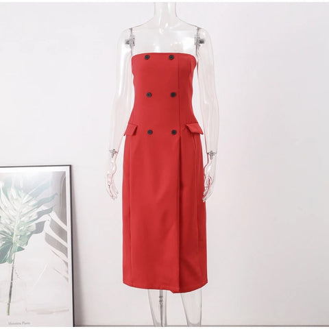 Sexy Elegant Double-breasted Split Front Off Shoulder Strap Midi Dress CODE: KAR2811