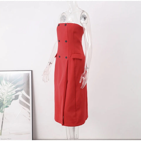 Sexy Elegant Double-breasted Split Front Off Shoulder Strap Midi Dress CODE: KAR2811