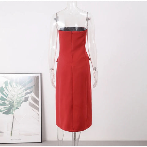 Sexy Elegant Double-breasted Split Front Off Shoulder Strap Midi Dress CODE: KAR2811