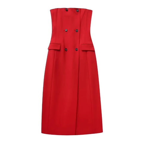 Sexy Elegant Double-breasted Split Front Off Shoulder Strap Midi Dress CODE: KAR2811