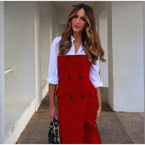 Sexy Elegant Double-breasted Split Front Off Shoulder Strap Midi Dress CODE: KAR2811