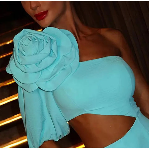 Summer Big 3D Flower One-shoulder Sexy Waist Hollow Out Midi Dress CODE: KAR2816