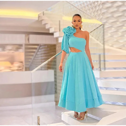 Summer Big 3D Flower One-shoulder Sexy Waist Hollow Out Midi Dress CODE: KAR2816