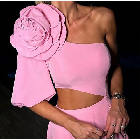 Summer Big 3D Flower One-shoulder Sexy Waist Hollow Out Midi Dress CODE: KAR2816