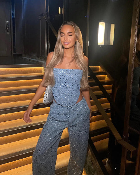 New Shiny Rhinestone Fashion Off Shoulder Tube Top And High Waist Straight Leg Pant CODE: KAR2817