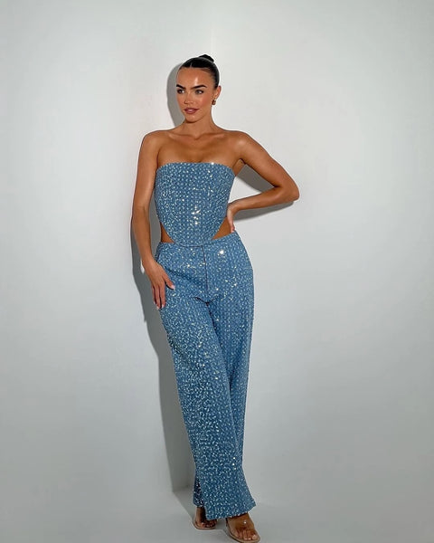 New Shiny Rhinestone Fashion Off Shoulder Tube Top And High Waist Straight Leg Pant CODE: KAR2817