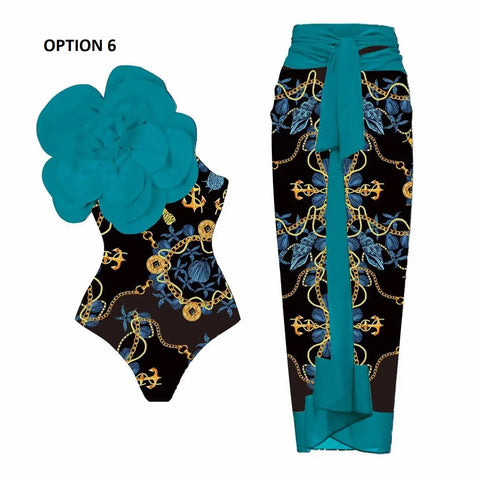 New 3D Flower One Piece Swimwear with Skirt CODE: KAR2818