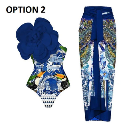 New 3D Flower One Piece Swimwear with Skirt CODE: KAR2818