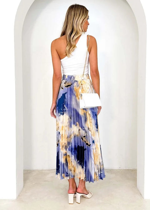 Summer Oil Painting Printed Pleated Draped A- Shape Skirt CODE: KAR2824
