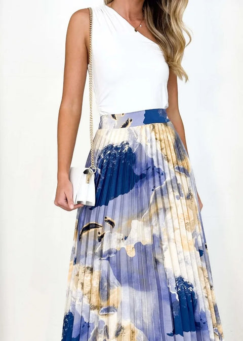 Summer Oil Painting Printed Pleated Draped A- Shape Skirt CODE: KAR2824