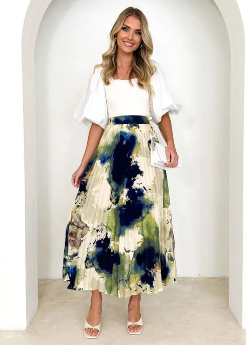 Summer Oil Painting Printed Pleated Draped A- Shape Skirt CODE: KAR2824