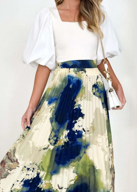 Summer Oil Painting Printed Pleated Draped A- Shape Skirt CODE: KAR2824