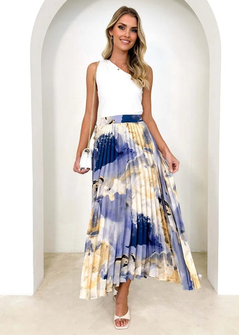 Summer Oil Painting Printed Pleated Draped A- Shape Skirt CODE: KAR2824