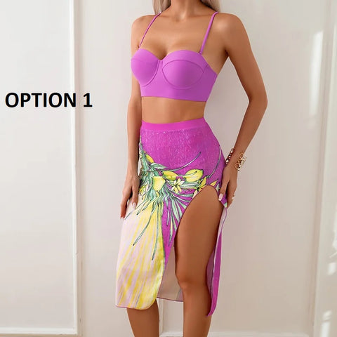 Vintage Floral Print 3 Piece Push Up Padded Underwire Bikini Set Cover Up Swimsuit CODE: KAR2827