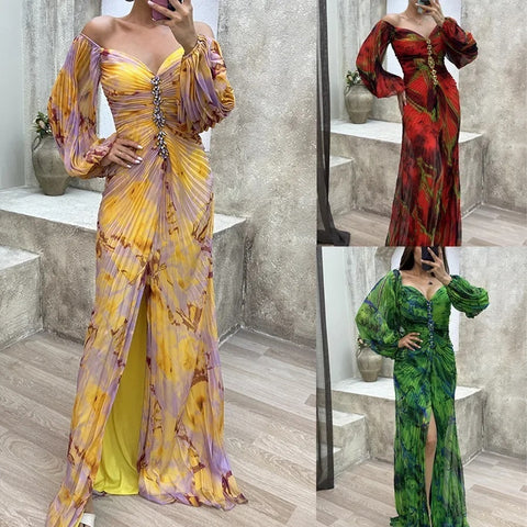 Autumn Fashion Printed Elegant Off Shoulder Long Sleeved Pleated Dress CODE: KAR2828