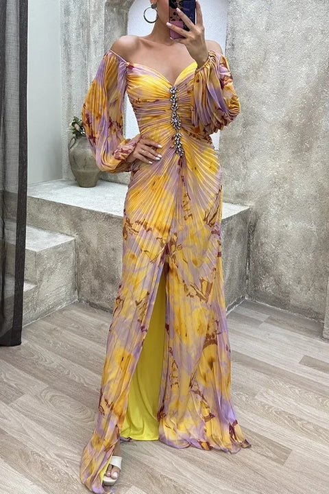 Autumn Fashion Printed Elegant Off Shoulder Long Sleeved Pleated Dress CODE: KAR2828
