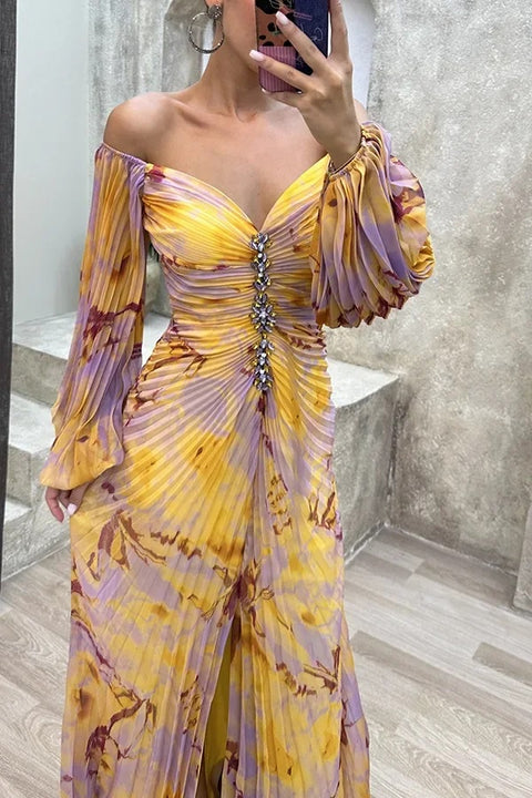 Autumn Fashion Printed Elegant Off Shoulder Long Sleeved Pleated Dress CODE: KAR2828