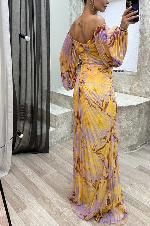 Autumn Fashion Printed Elegant Off Shoulder Long Sleeved Pleated Dress CODE: KAR2828