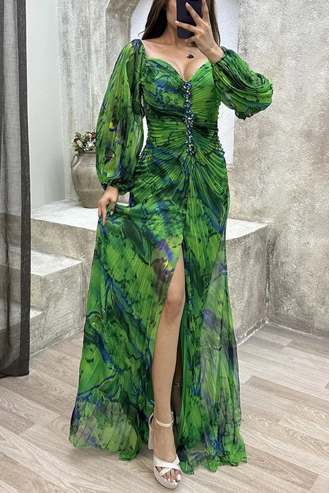 Autumn Fashion Printed Elegant Off Shoulder Long Sleeved Pleated Dress CODE: KAR2828