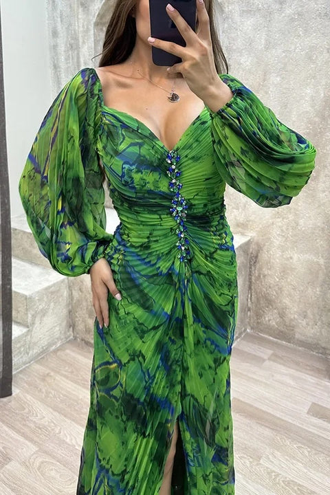 Autumn Fashion Printed Elegant Off Shoulder Long Sleeved Pleated Dress CODE: KAR2828