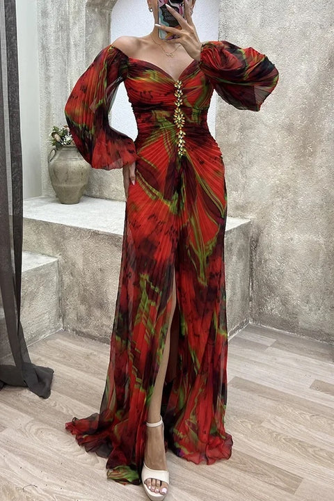 Autumn Fashion Printed Elegant Off Shoulder Long Sleeved Pleated Dress CODE: KAR2828