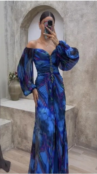 Autumn Fashion Printed Elegant Off Shoulder Long Sleeved Pleated Dress CODE: KAR2828