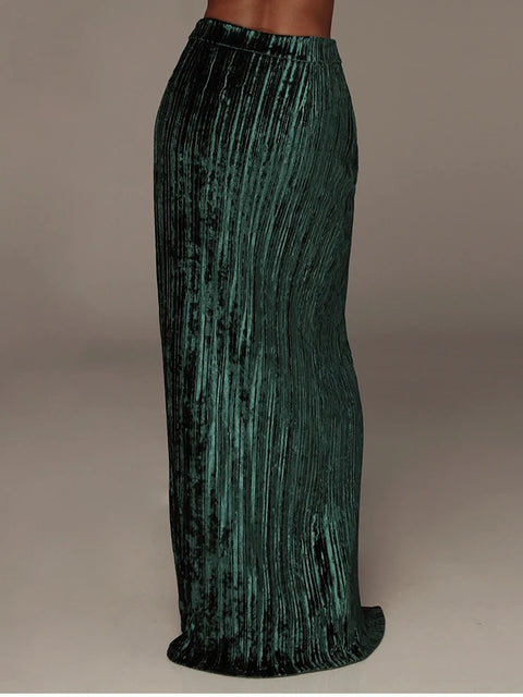 Summer Fashion Pleated  High Split Solid Elastic Waist Skirt CODE: KAR2829