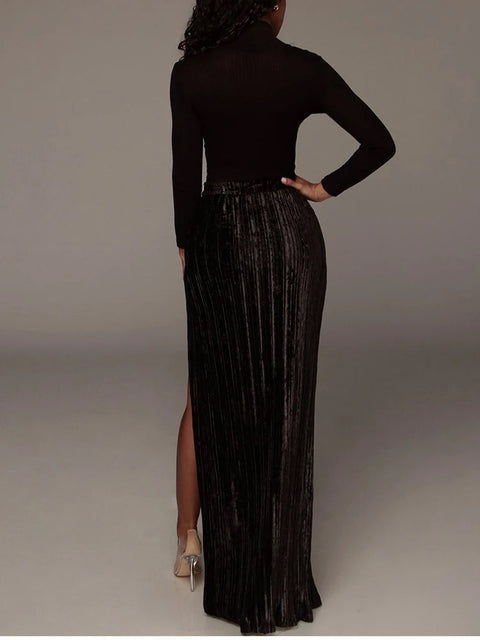 Summer Fashion Pleated  High Split Solid Elastic Waist Skirt CODE: KAR2829