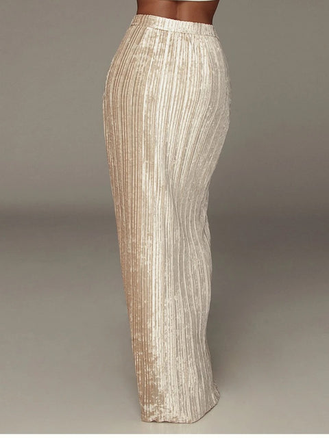 Summer Fashion Pleated  High Split Solid Elastic Waist Skirt CODE: KAR2829