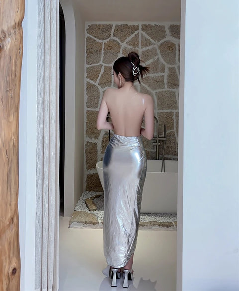 Sexy Backless One Shoulder Metallic Irregular High Waist Split Long Maxi Dress CODE: KAR2830