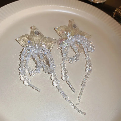 New Style Acrylic Flower Crystal Beaded Bowknot Tassel Drop Earring CODE: KAR2831