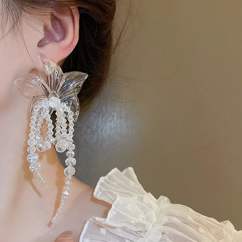 New Style Acrylic Flower Crystal Beaded Bowknot Tassel Drop Earring CODE: KAR2831