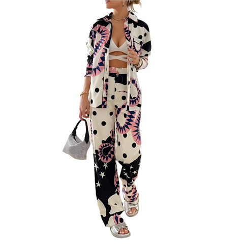 Printed Single Breasted Shirt Casual Wide Leg Pant Set CODE: READY1407