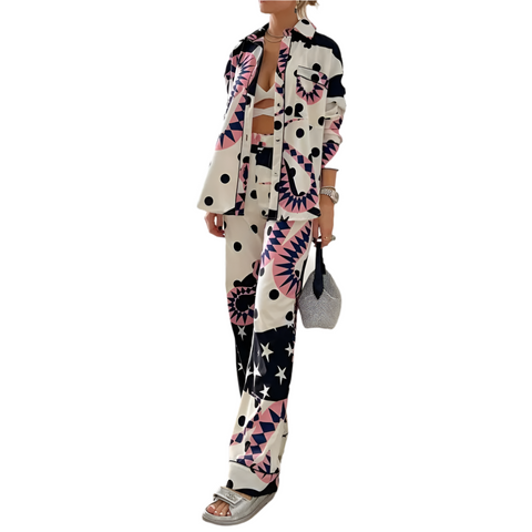 Printed Single Breasted Shirt Casual Wide Leg Pant Set CODE: READY1407