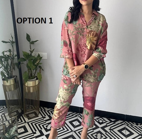summer Fashionable Floral Print Long Sleeved Shirt Cropped Pant Set CODE: KAR2837