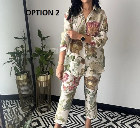 summer Fashionable Floral Print Long Sleeved Shirt Cropped Pant Set CODE: KAR2837