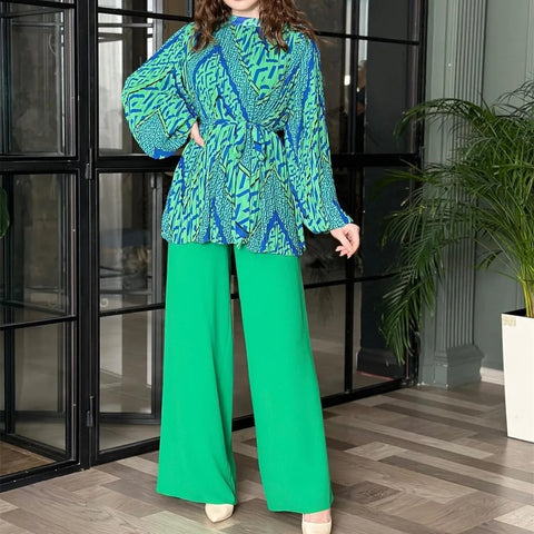 New Loose Printing Lace Up Full Sleeve Top+ Pant Two Piece Set CODE: KAR2838