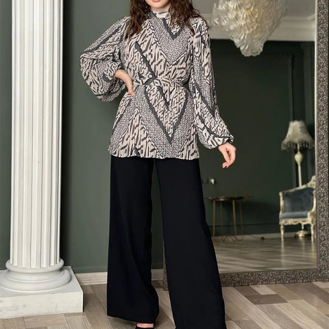 New Loose Printing Lace Up Full Sleeve Top+ Pant Two Piece Set CODE: KAR2838